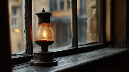 Aufkleber - Historic gas lamp illuminating a rustic windowsill with natural light and ample copy space for adding text or branding.