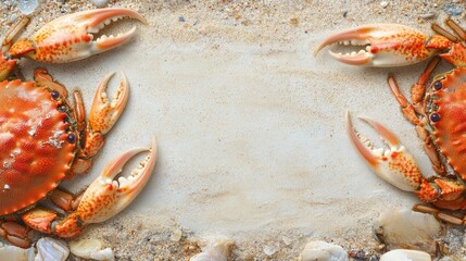 Poster - Close up of vibrant crabs on sandy beach with ample empty space for text or design elements ideal for creative projects and advertising