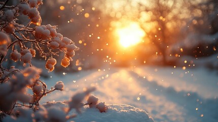 Poster - Winter Sunset Glow with Snowy Landscape and Bokeh Effect Ideal for Text Overlay in Natural and Artistic Themes