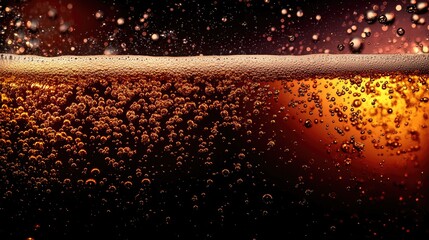 Poster - Close up of dark ale in a glass showcasing bubbles and foam with rich colors and empty space for creative text placement