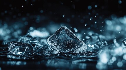 Poster - Close up of ice cubes splashing in water with dark background and space for text or design elements for creative compositions