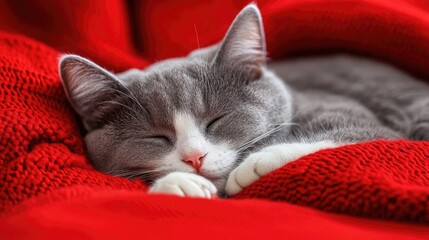 Aufkleber - Close up of a grey and white cat peacefully napping on a vibrant red blanket with ample empty space for personalized text or messages