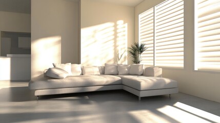 Poster - Minimalist living room interior with spacious sectional sofa and ample natural light creating an inviting atmosphere for relaxation and design ideas