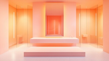 Poster - Peach bathroom interior design featuring mirrored cabinets and bright lighting with ample empty space for text or branding inserts