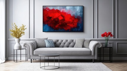 Poster - Modern Living Room Design Showcasing Gray Sofa Colorful Artwork and Stylish Decor with Generous Copy Space for Your Text