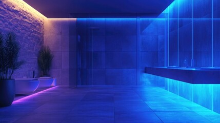 Poster - Modern hotel bathroom with ambient blue lighting and minimalist design featuring empty space for text or advertising content.