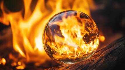 Leinwandbilder - Close up of a glass orb reflecting flames with vibrant colors and space for text in artistic composition and creative background