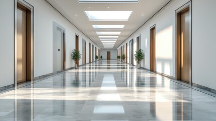 Poster - Modern college hallway featuring sleek doors and bright skylights with ample empty space for text and graphic overlays.