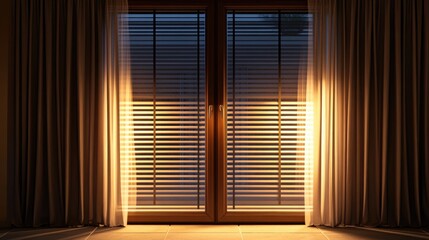 Poster - Elegant curtains and blinds on a glass door illuminated by flood light creating a warm ambiance with empty space for customization