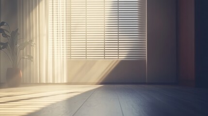 Poster - Cozy contemporary bedroom with natural light streaming through blinds and a sliding door ideal for text overlay and minimalist design