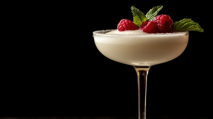 Poster - Elegant cocktail topped with fresh raspberries and mint leaves against a dark background with ample space for text or branding elements