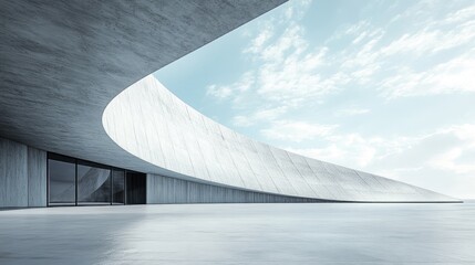 Poster - Modern Architectural Design of an Exhibition Center Featuring Curved Lines and Expansive Sky Background with Blank Space for Text