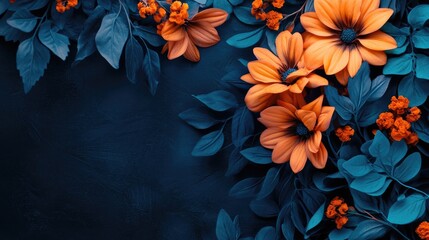 Poster - Vibrant flower arrangement featuring orange blooms and dark blue foliage with ample copy space for elegant text or message.