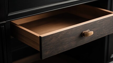 Poster - Close up of an empty wooden drawer in a dark cabinet with ample negative space for text or design elements for creative projects