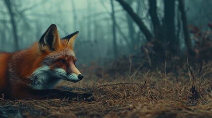 Poster - Close up of a serene fox resting on the grass in a foggy forest surrounded by bare trees with space for text inclusion