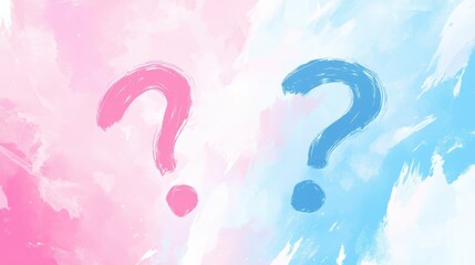 Poster - Conceptual question marks in pink and blue hues with a soft painted background and ample empty space for text or messaging