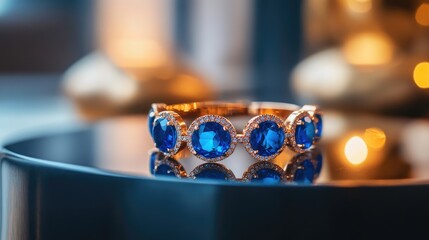Poster - Elegant gold bracelet with blue gemstones displayed on a reflective surface in a stylish setting with a blurred background.