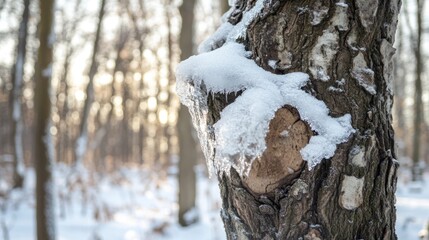 Poster - Icy tree close up in winter forest with blurred background and space for text showcasing nature's beauty and tranquility.