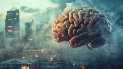 Poster - conceptual visualization of a human brain surrounded by smoke with an urban skyline backdrop emphasi