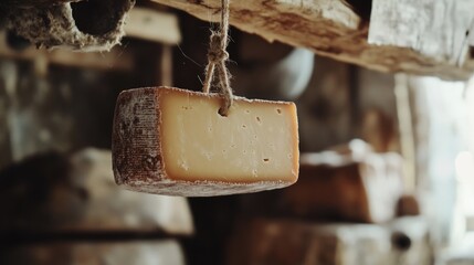 Poster - Close up of aged cheese hanging in rustic setting with empty space for creative text or branding use