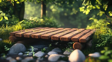 Poster - Wooden Bridge in Lush Green Forest with Sunlight Filtering Through Trees and Blank Area for Custom Text
