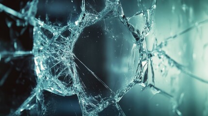 Poster - Shattered glass window with intricate cracks and a central empty space perfect for overlaying text or graphics