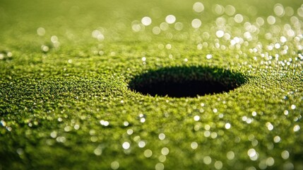 Aufkleber - Close up of dew-covered green grass with a golf hole creating a serene atmosphere and ample space for text or branding.