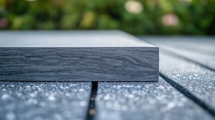 Poster - Textured gray wooden plank against a blurred foam chip background creating ample copy space for creative text and design purposes.