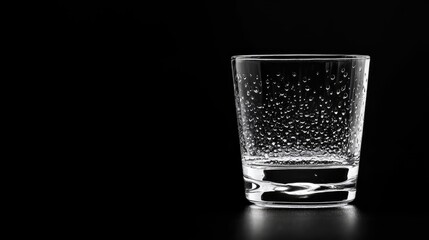 Poster - Close up of a glass featuring water droplets against a black background with empty space for text or branding purposes