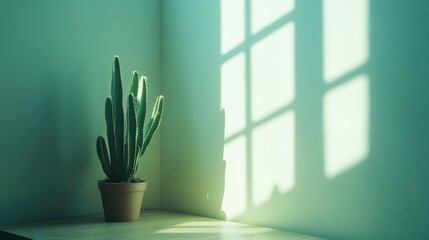 Poster - Cactus in sunlight by window creating shadows on a minimalist wall with ample space for text or creative designs