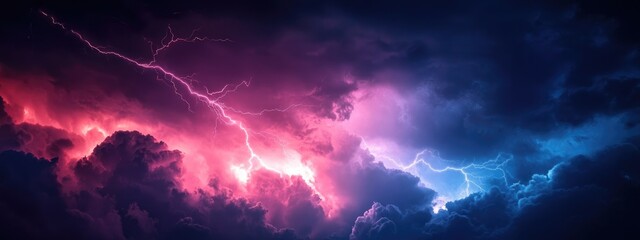 Poster - Dramatic pink lightning striking through dark clouds in the night sky with ample space for text or overlay design elements.