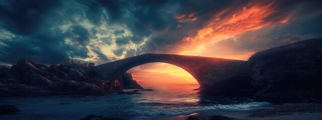 Poster - Rugged Island Sunrise Behind Dramatic Bridge with Dark Skies and Vibrant Colors Perfect for Text Overlay or Artistic Use