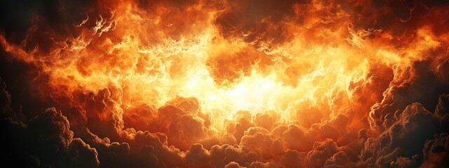 Fototapete - Dramatic Fiery Explosion in the Sky with Dark Clouds and Space for Text on Black Background