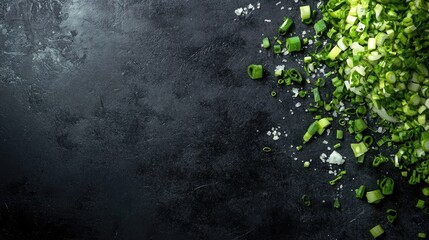 Aufkleber - Freshly chopped green onions resting on a dark surface with space for text, perfect for culinary designs and food-related advertisements.