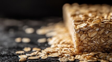 Aufkleber - Healthy oat granola bar close up with scattered oats on dark background and ample empty space for text or branding