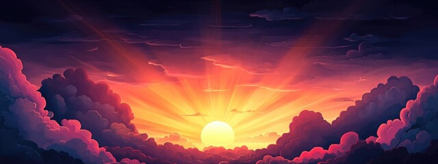Poster - dramatic sunset with vibrant sun rays emerging from dark clouds ideal for text overlay and inspirati