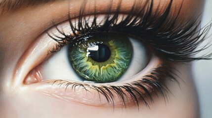 Poster - Close up of vibrant green human eye with long eyelashes on a softly blurred background for text placement and visual impact