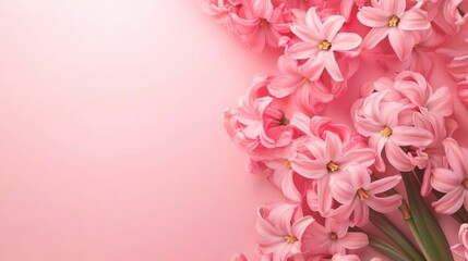Poster - Close up of vibrant pink hyacinth flowers on soft pink background with ample space for customizable text or graphic design elements