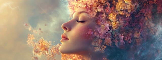 Poster - Dreamy Portrait of a Young Woman with Floral Elements and Ethereal Background Ideal for Artistic Text Overlay