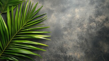 Poster - Lush green palm leaf detail on textured dark background ideal for showcasing text or designs in a nature-inspired setting