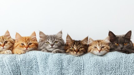 Aufkleber - Cozy group of cats relaxing on a soft blanket with ample empty space for text and creative design elements