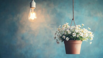 Poster - Close Up of Hanging Light Bulb and Flower Pot on Blue Background with Empty Space for Text and Design Elements