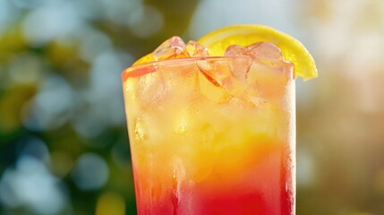 Poster - Refreshing citrus lemonade cocktail in vibrant colors served outdoors with ice and lemon slice, perfect for summer promotions and ads.