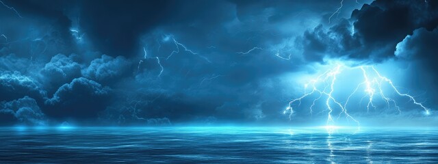 Poster - Dramatic lightning storm over the ocean with dark clouds and empty space for text in a vivid atmospheric backdrop