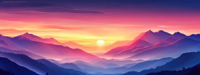 Poster - Vibrant sunset over majestic mountains with colorful sky and space for text ideal for backgrounds or nature-themed designs