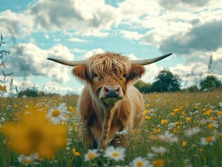 Wall Mural - Cow in flower field