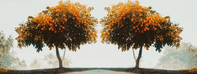 Poster - Double Exposure of Lush Orange Trees in Tropical Resort Garden with Clear Space for Text in Soft Natural Light