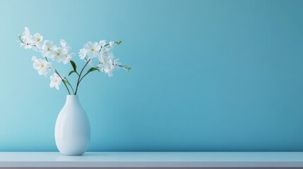 Poster - Modern Minimalist Home Office Decor with White Vase and Flowers on Light Blue Background for Copy Space and Design Elements