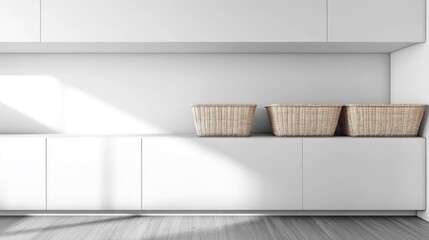 Poster - Stylish compact laundry room featuring storage baskets and ample empty space for customizable text or branding.