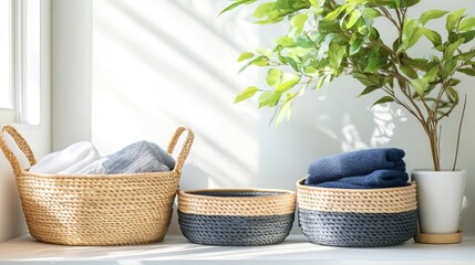 Poster - Stylish storage baskets in a compact laundry room with a plant and ample empty space for customization and text insertion.